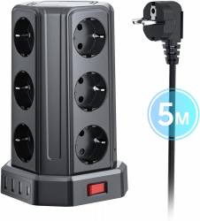 TORRE REGLETAS ENCHUFES CON CABLE 5M, REGLETA USB 12 TOMAS DE AC CORRIENTES Y 4 USB