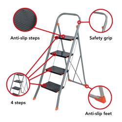 ESCALERA DE TIJERA, 4 PELDAÑOS, PLEGABLE, TABURETE DOMESTICO CON ASA ALTA, PIES ANTIDESLIZANTES Y PERFIL ANTIDESLIZANTE EN AMBOS PELDAÑOS, REVESTIMIENTO EPOXI, METAL, CAPACIDAD DE PESO HASTA 150 KG