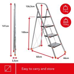 ESCALERA DE TIJERA, 4 PELDAÑOS, PLEGABLE, TABURETE DOMESTICO CON ASA ALTA, PIES ANTIDESLIZANTES Y PERFIL ANTIDESLIZANTE EN AMBOS PELDAÑOS, REVESTIMIENTO EPOXI, METAL, CAPACIDAD DE PESO HASTA 150 KG